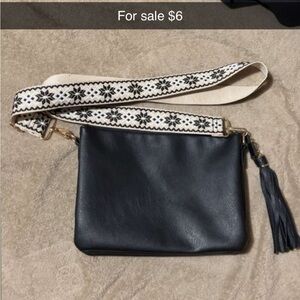 Elegant Black Crossbody Bag with Embroidered Strap
